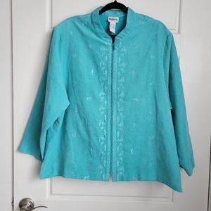 BonWorth Aqua blue Embroidered Jacket. Suede like fabric, mandarin collar. XLP